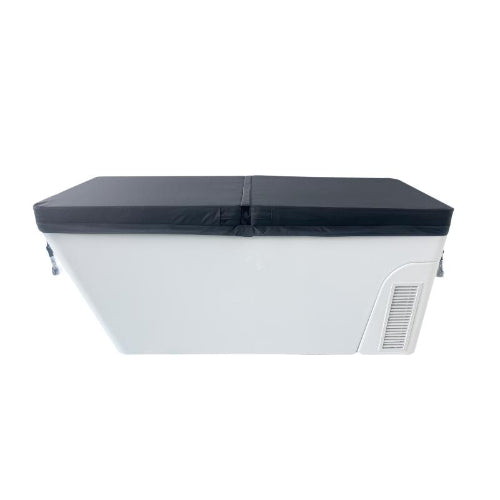 All-In cold plunge in white with integrated chiller and black cover on top of the cold plunge, front view on plain backdrop