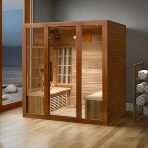 Roslyn 4-person infrared sauna in cedar, corner window design in a gym.