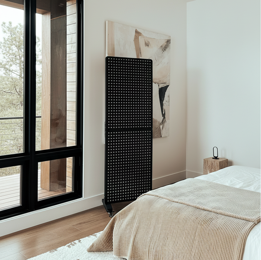 Black red light therapy panel in a modern bedroom setting with a bed and wall art.