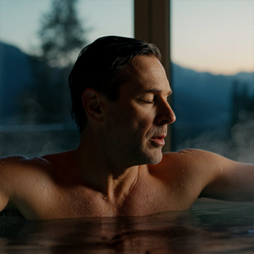  All-In cold plunge on patio with man in the cold plung.