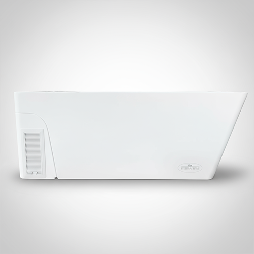 All-In cold plunge in white with integrated chiller, front view on plain backdrop.