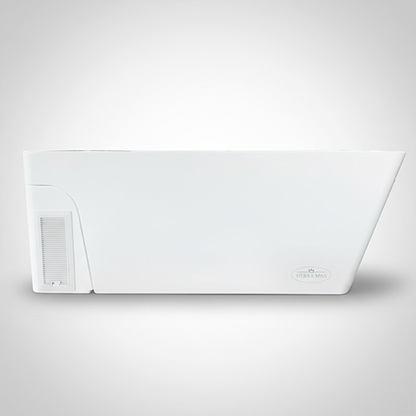 All-In cold plunge in white with integrated chiller, front view on plain backdrop.