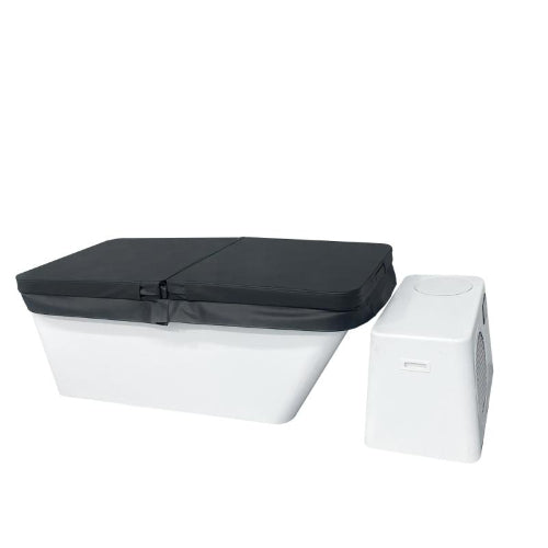 White Pro cold plunge with black cover on top, front view with 