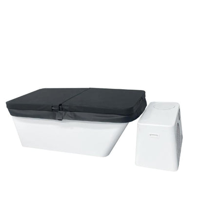 White Pro cold plunge with black cover on top, front view with 