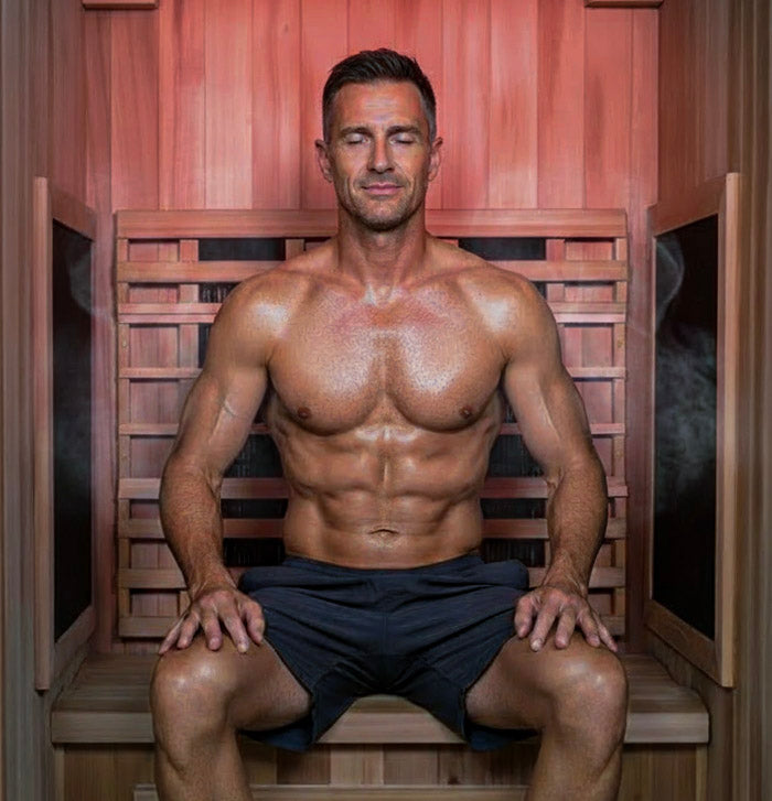 Man sitting shirtless in a wooden sauna