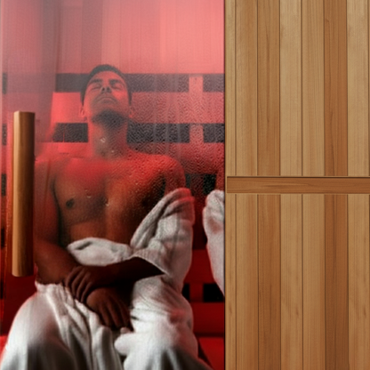 view of a man relaxing in the sauna 