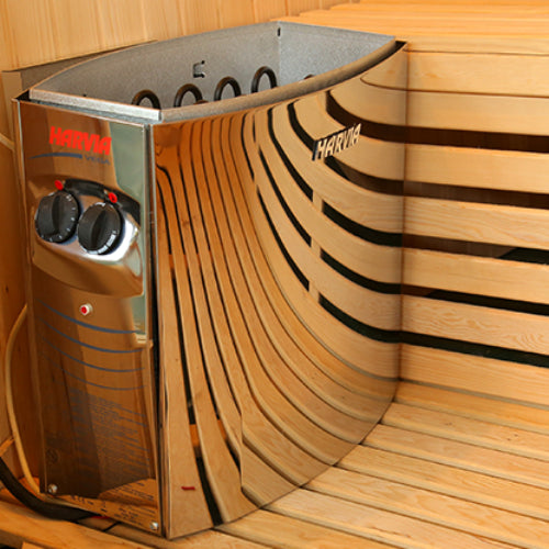 the Harvia 3.5 kW heater inside of the Baldwin 2-Person Traditional Sauna