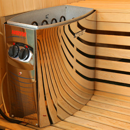 the Harvia 3.5 kW heater inside of the Baldwin 2-Person Traditional Sauna