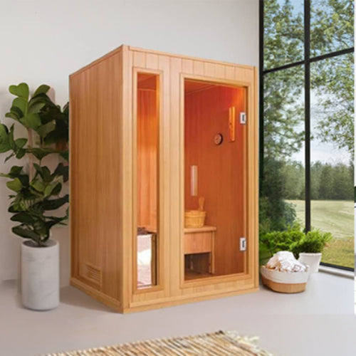 Baldwin 2-Person Traditional Sauna ina home with plants and windows 