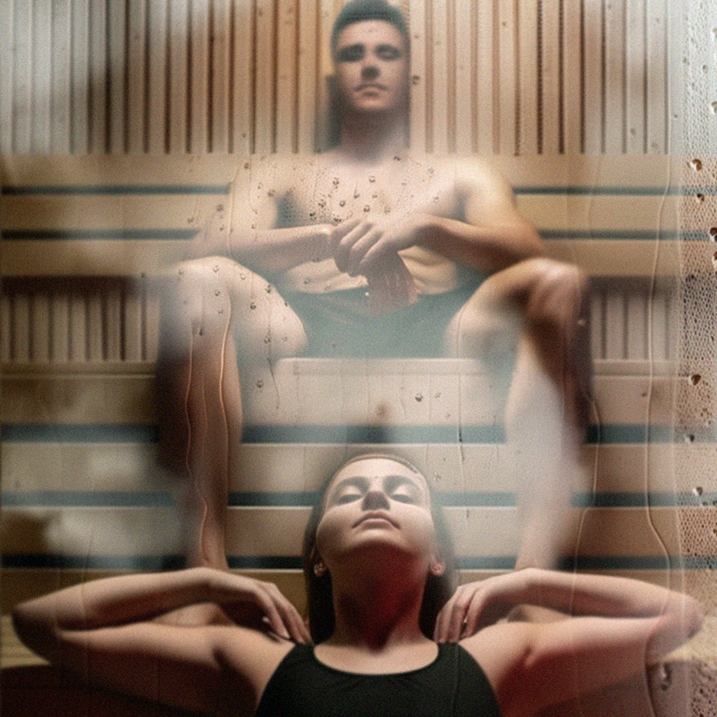 a man sitting on the top bench and a women sitting on the bottom bench of the Charleston 4-person traditional sauna in hemlock, double bench, front view.