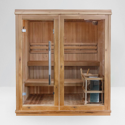 Charleston 4-person traditional sauna in hemlock, double bench, front view, white background 