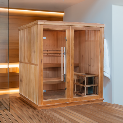 Charleston 4-person traditional sauna in hemlock, double bench, front view in a studio. 