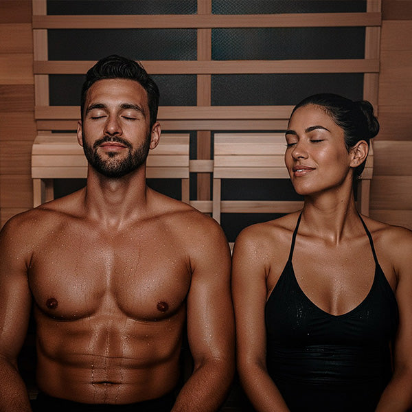 a man and a women sitting in the Sierra 2-Person Indoor Infrared Sauna using the Ergonomic backrests • oxygen ionizer 